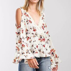 New Daytrip Medium Floral Lace Faux Wrap Cold Shoulder Tiered Baby-doll Boho Top